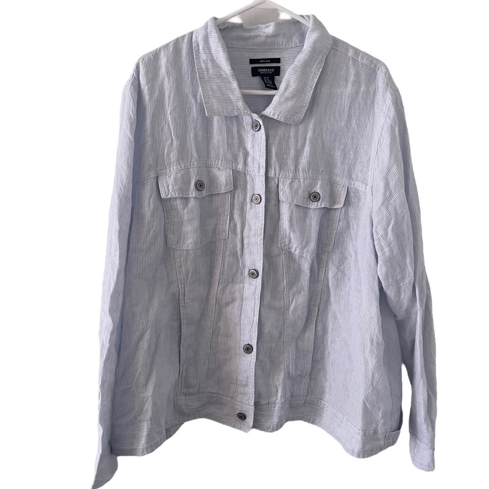 Jones & Co 100% Linen Button Front Collared Jacket Blue White 2X